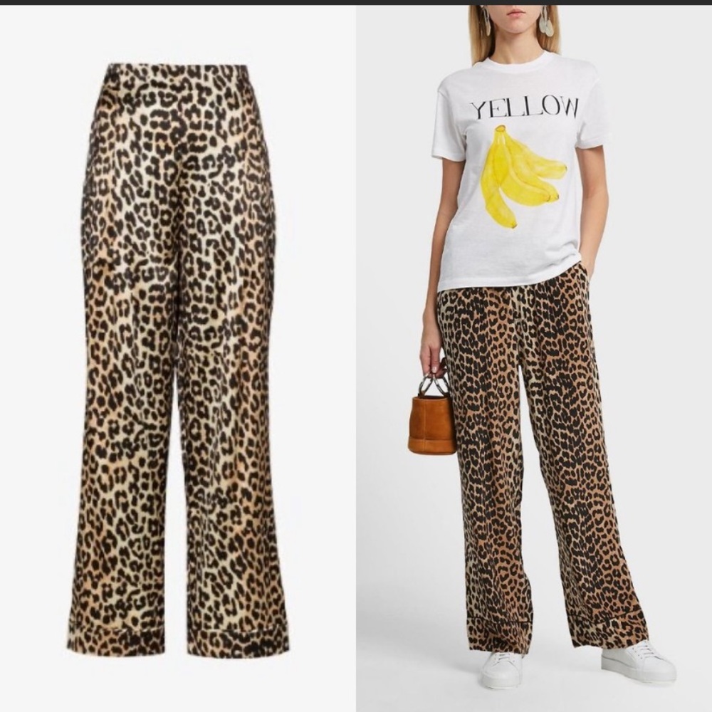 Ganni Fayette Leopard Print Silk Trousers Pants
